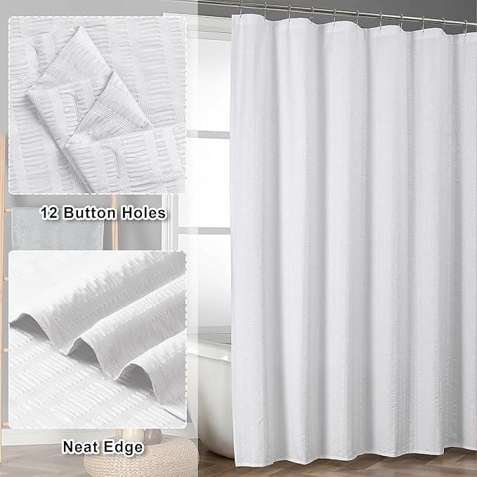 Aiyufeng Moga White Shower Curtain, Embossed Textured Fabric Shower Curtain for Bathroom - Soft Cloth & Hotel Spa Luxury, Water Repellent, Machine Washable, 72X72, White
