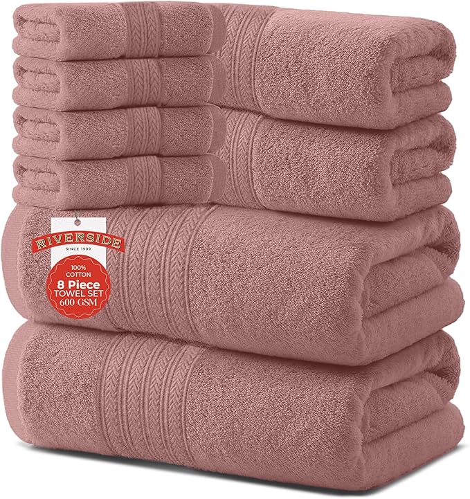 RIVERSIDE Pack of 8 Towels Set, 2 Large Bath, 2 Hand, 4 Face Washcloths, 100% Cotton Hotel Quality, Super Soft, Quick Dry, Highly Absorbent Perfect for Bathroom, Dusty Rose