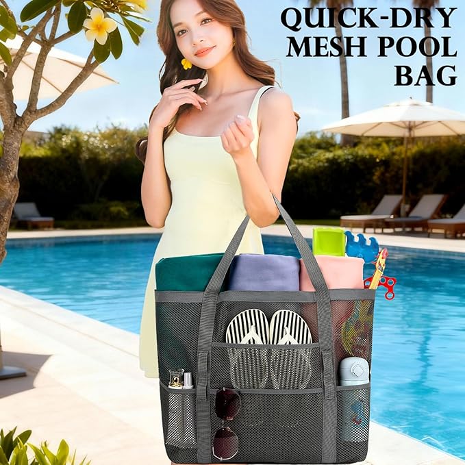 Fammart Mesh Beach Bag, Large Beach Tote with Zipper Pocket for Family Pool Bag for Toys & Vacation Essentials