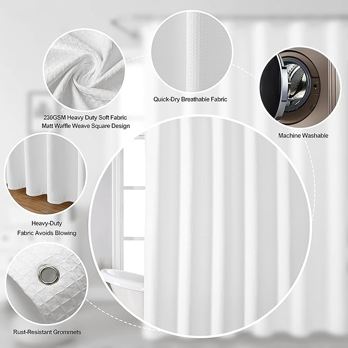 MISS SELECTEX Matt Waffle White Shower Curtain for Bathroom, Waterproof 230 GSM Heavy Duty Durable Fabric Hotel Shower Curtain,Machine Washable Thick Cloth Shower Curtains(60Wx72H, White)