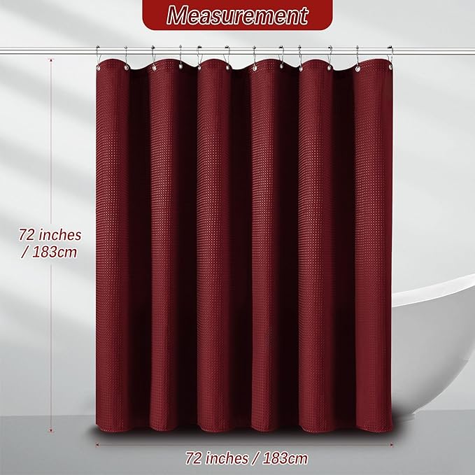 PANGSINNE Elegant Burgundy Fabric Shower Curtain - Waffle Textured Heavy Duty Cloth Curtains for Bathroom, 256GSM Hotel Spa Luxury Weighted Polyester Bath Curtain Set with 12 Hooks 72Wx72H