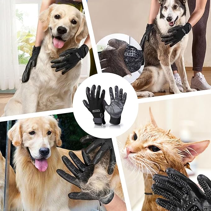 Lumova Pet Grooming Glove – Patented Rubber-Massage Shedding Bath & Hair Remover for Dogs, Cats & Livestock – Lightweight, Flexible, Secure Fit (Cyan&Black)