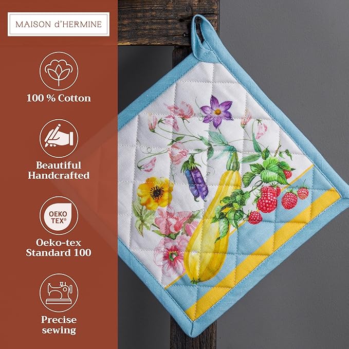 Maison d' Hermine Pot Holders 100% Cotton Heat Resistant Potholders 8" x 8" Hot Pads with Loop BBQ, Cooking, Baking, Grilling, Kitchen, Handling Hot Pans Spring/Summer (Pack of 1, Giverny)