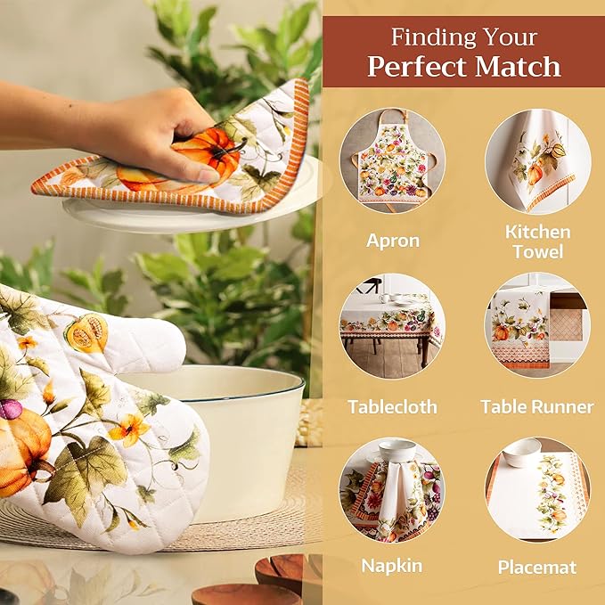 Maison d' Hermine Pot Holders Set 100% Cotton Heat Resistant Potholders 8" x 8" Hot Pads with Loop for Thanksgiving Christmas Decorations Handling Hot Pans (Pack of 2, Pumpkin Garden - Cloudy Cream)