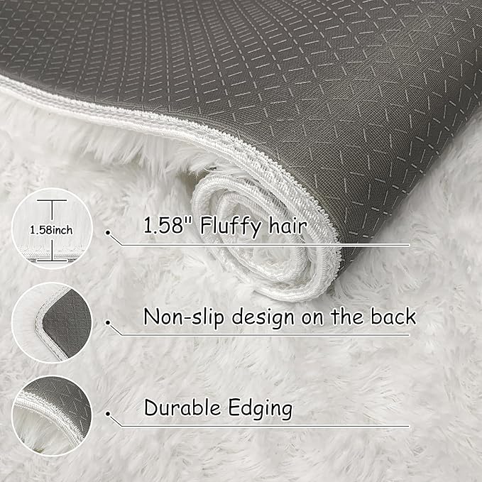 3x10 Feet White Soft Shag Runner Rug for Bedroom Fuzzy Fluffy Rugs with Non-Slip Bottom for Hallway Bedside Living Room Dorm, Furry Area Rug for Nursery Playroom Indoor Home Decor