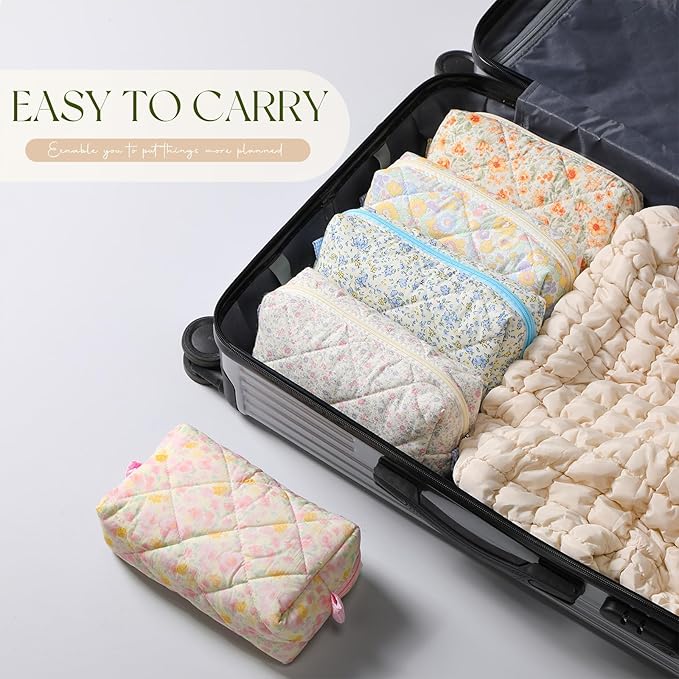Paterr 10 Pcs Quilted Makeup Bag Bulk Cotton Floral Cosmetic Bag Women Girls Bridesmaid Gifts Cute Makeup Pouch Coquette Aesthetic Travel Toiletry Organizer(Classic Style,7.87 x 4.72 x 3.15 Inches)