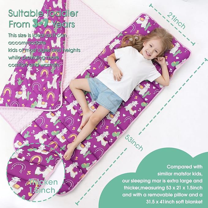 ACRABROS Toddler Nap Mat with Pillow and Blanket, Extra Large Rolled Napping Mats,Slumber Bags for Boys Girls,Kids Sleeping Bag for Daycare, Preschool Travel Camping,Lama