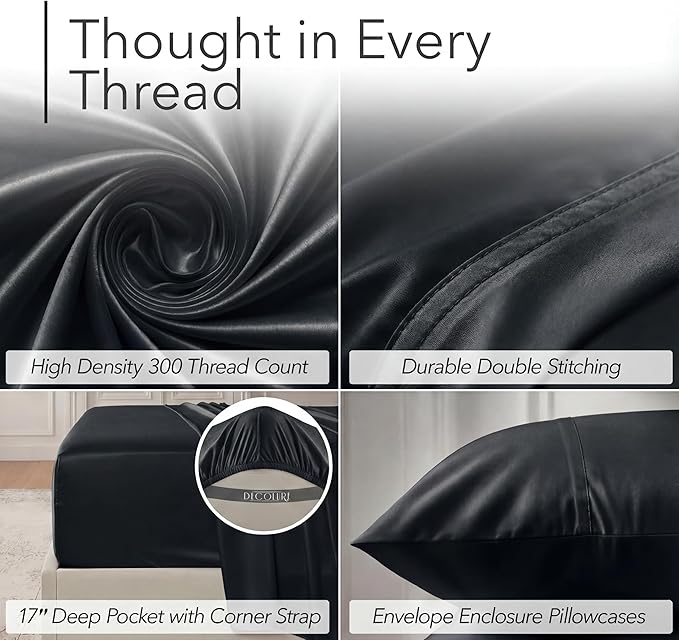 DECOLURE 100% Viscose Derived from Bamboo Sheets Twin Size - Luxury 4 Pc Naturally Cooling Sheets, Ultra Soft Bed Set - Deep 17" Pockets, Durable Double Stitching, Oeko Tex Standard (Black)