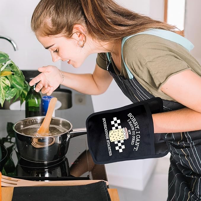 Funny Oven Mitts Set, Funny Baking Gifts for Women, Sorry I Can't I Have to Feed My Sourdough Starter Heat Resistant Kitchen Oven Gloves for Baking and Cooking,Pot Holders