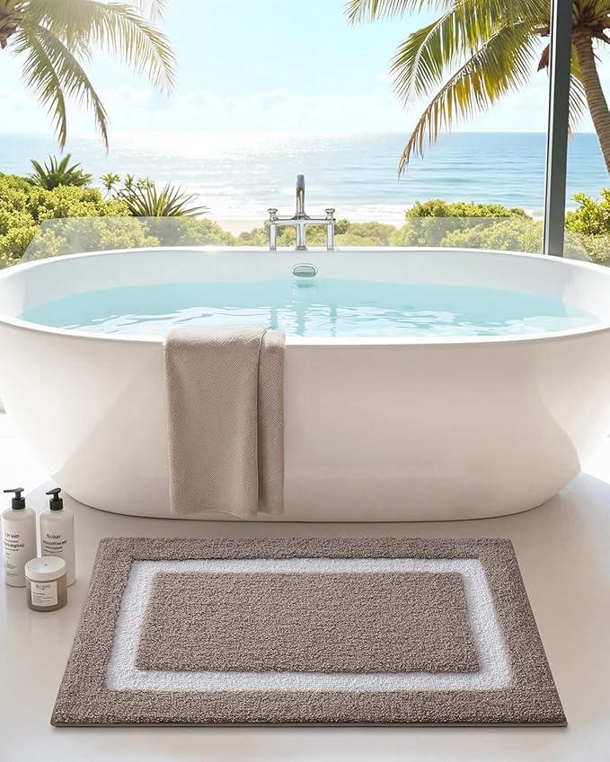 Color&Geometry Bathroom Rugs, Water Absorbent and Quick Dry Microfiber Bath Rugs-20"x32", Non-Slip, Machine Washable, Extra Soft Plush Bath Mats for Bathroom, Laundry Room, Dark Beige White