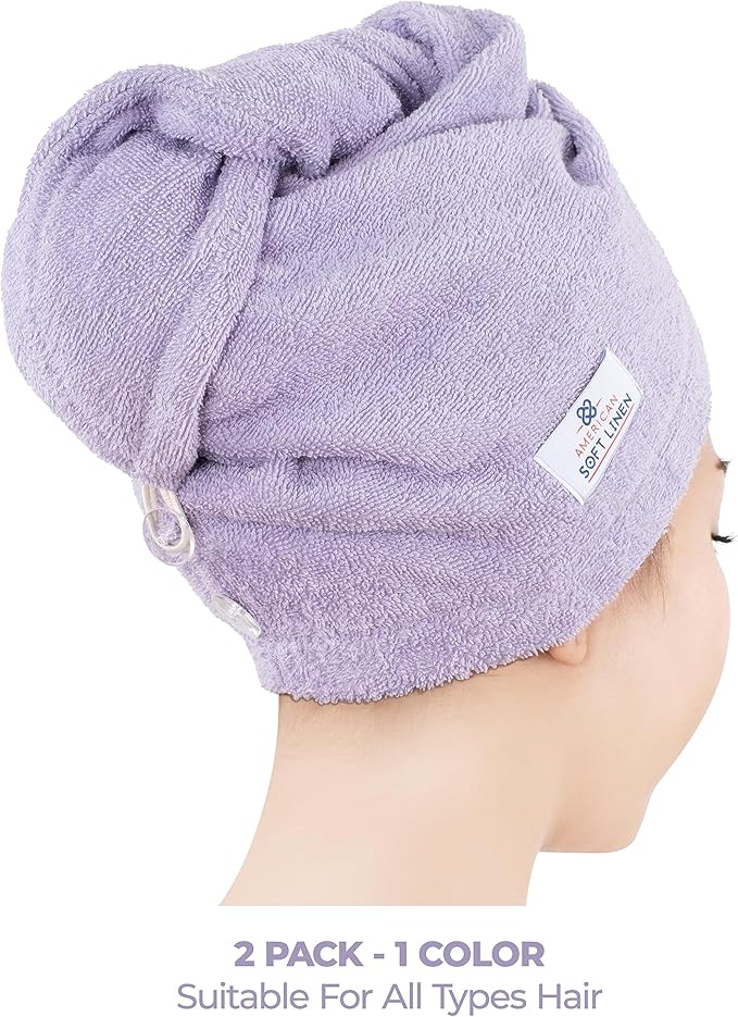 American Soft Linen 100% Cotton Hair Towels for Women, Head Towel Cap, Cotton Hair Turban Towel Wrap for Long Curly Anti Frizz Hair, Soft and Absorbent Cotton Hair Towels 2 Pack, Lilac