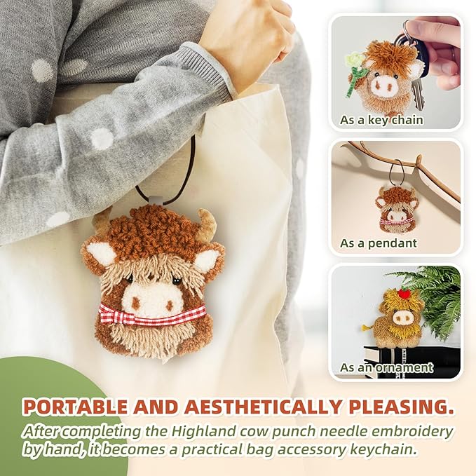 Punch Needle kit-4,Embroidery kit for Beginners,Punch Needle Kits Adults Beginner,Needles, Curved Scissors, a Tool Storage Box, Yarn, Easy-to-Follow Instructions, and Tutorial Videos(4 Highland Cow)
