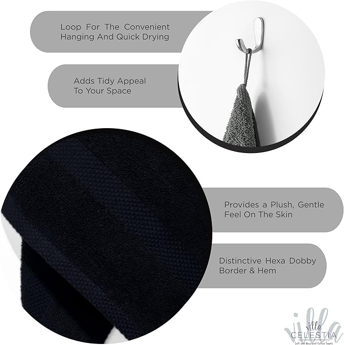 Villa Celestia 100% Cotton Hand Towel Set of 4, (16 x 28 inches) Sustainable, Soft, Highly Absorbent, Quick Drying, Combed Cotton Hand Towels Pack of 4 Ideal for Hotels, Spa, Bathroom, Dorm, Black