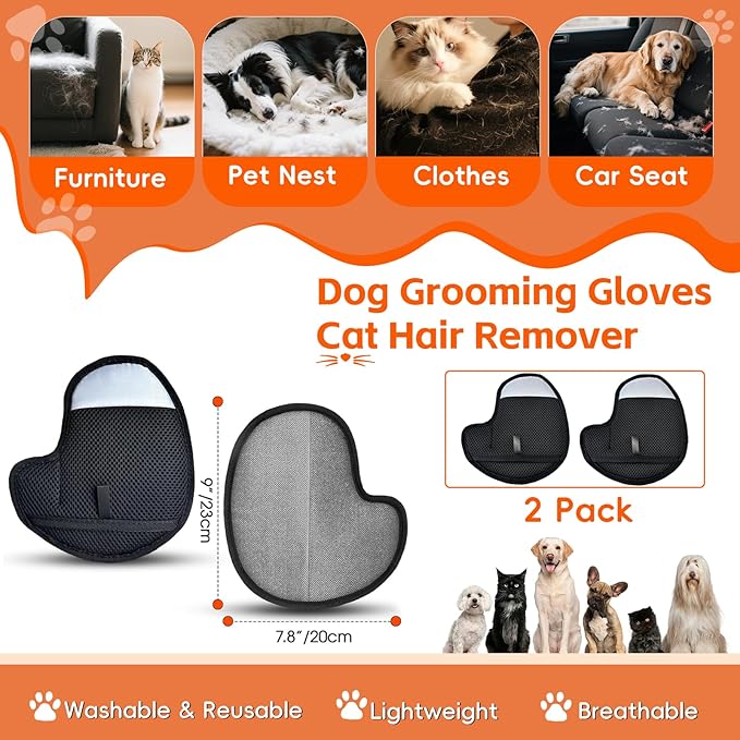 2 Pcs Pet Hair Remover Gloves for Cats & Dogs, Electrostatic Cat Hair Remover Dog Grooming Gloves, Reusable Pet Hair Cleaning Tool Washable Pet Hair Mitt for Carpet Curtain Clothing Couch Car Seat
