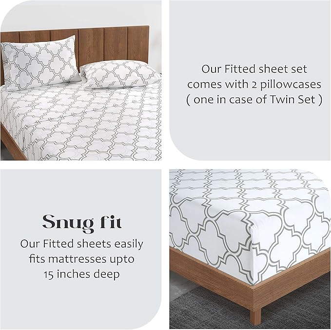 Lane Linen 100% Organic Cotton Twin Fitted Sheet, 2-Piece Set (1 Fitted Sheet, 1 Pillowcase), Percale Weave, Lightweight, Soft, Breathable, Fits Mattress Upto 15' Deep - Trellis Silver (No Flat Sheet)