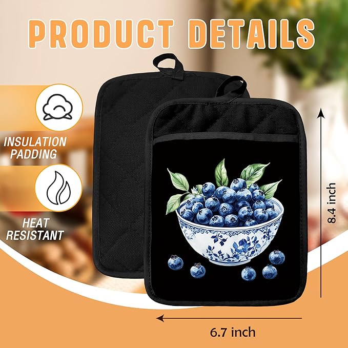 Chinoiserie Blueberry Cake Pot Holders with Pockets, Blue and White Grandmillennial Blueberry Fruit Oven Pot Holders Heat Resistant Oven Mitts Hot Pads for Kitchen Baking Cooking