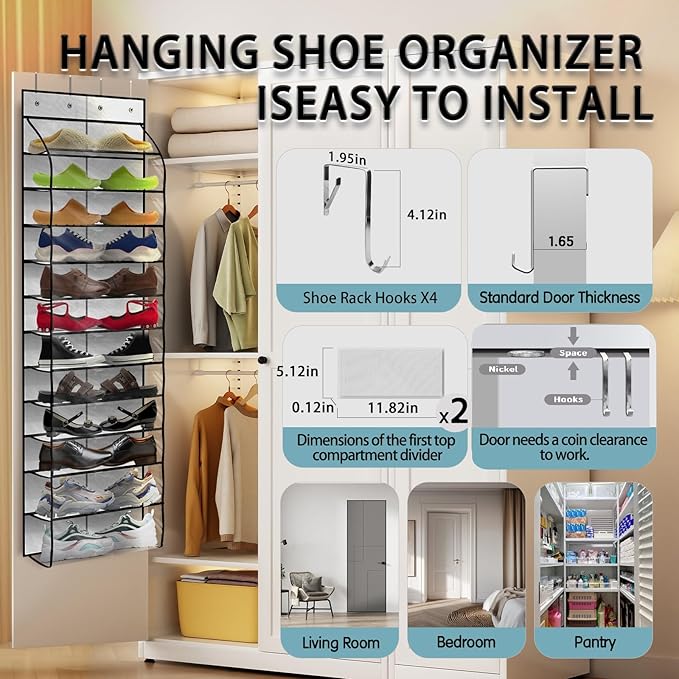 Kotkn Over The Door Shoe Organizer with 12 Large Breathable Pockets - Durable Hanging Storage for the Entire Family's Shoes - White