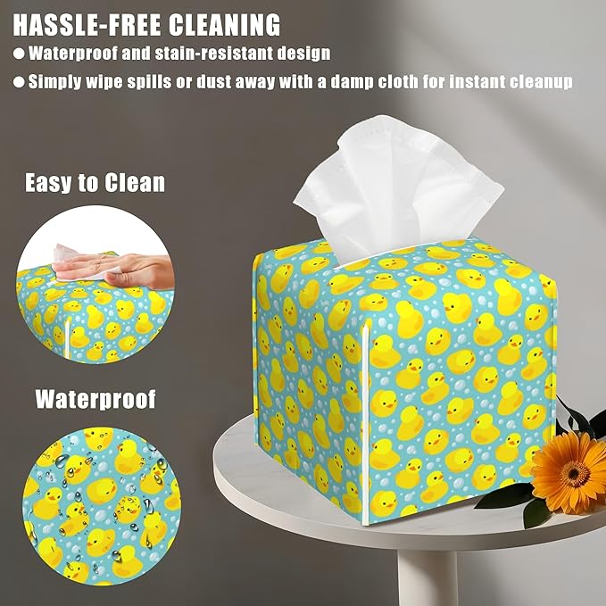 BLYKVGHQ Yellow Rubber Ducks Tissue Box Cover Square, Tissue Box Holder with Bottom Belt Leather Facial Paper Organizer Dispenser for Bathroom Bedroom Dresser Night Stand Tabletop
