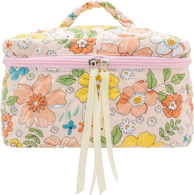 PAZIMIIK Quilted Makeup Bag Large Travel Zipper Soft Cosmetic Case for Women Girls Make Up,Floral Orange