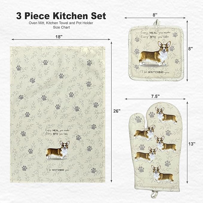 Welsh Corgi 3-Piece Kitchen Set - Oven Mitt, Pot Holder & Kitchen Towel Set, Heat Resistant up to 420 F, Soft Quilted Cotton for Cooking, Baking, BBQ, Pet Lover Gifts (Welsh Corgi)