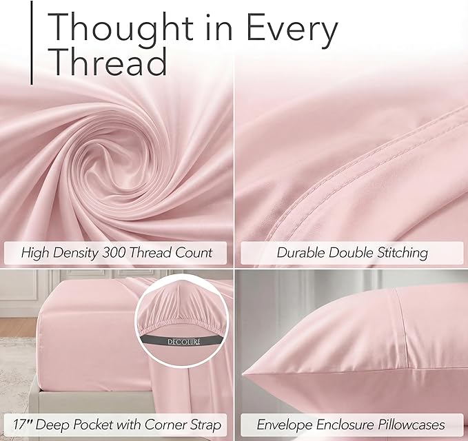 DECOLURE 100% Viscose Derived from Bamboo Sheets King Size - Luxury 6 Pc Naturally Cooling Sheets, Ultra Soft Bed Set - Deep 17" Pockets, Durable Double Stitching, Oeko Tex Standard (Light Pink)