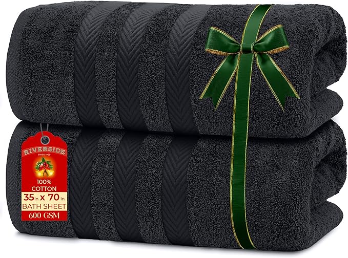 RIVERSIDE Pack of 2 Extra Large Bath Sheets 35 x 70 Inches - 100% Ring Spun Cotton Hotel Quality Oversized Bath Towels - Super Soft, Highly Absorbent & Quicker to Dry - Charcoal