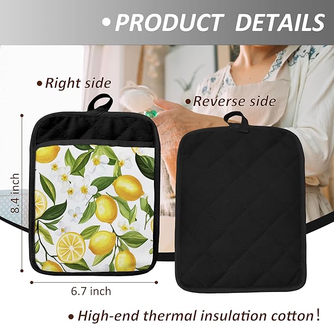 Lemon Gifts Pot Holders with Pockets, Yellow Lemon Fruit Pot Holders Heat Resistant Oven Mitts Hot Pads for Kitchen Baking Cooking,Potholders for Kitchens