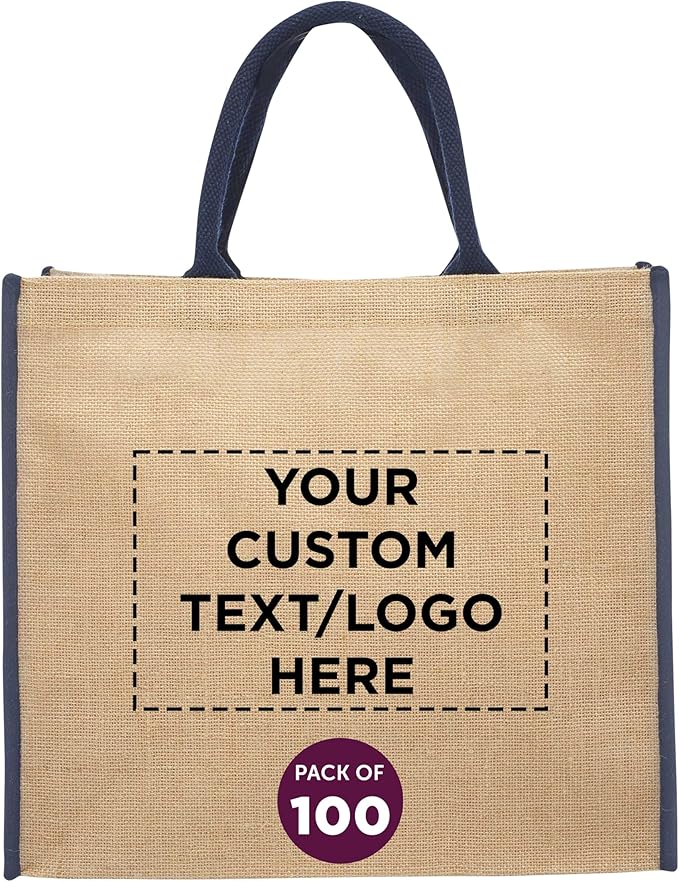 DISCOUNT PROMOS Custom Fresno Eco Friendly Jute Tote Bags Set of 100, Personalized Bulk Pack - Reusable, Great for Tradeshows, Grocery, Shopping and Outdoor Events - Blue