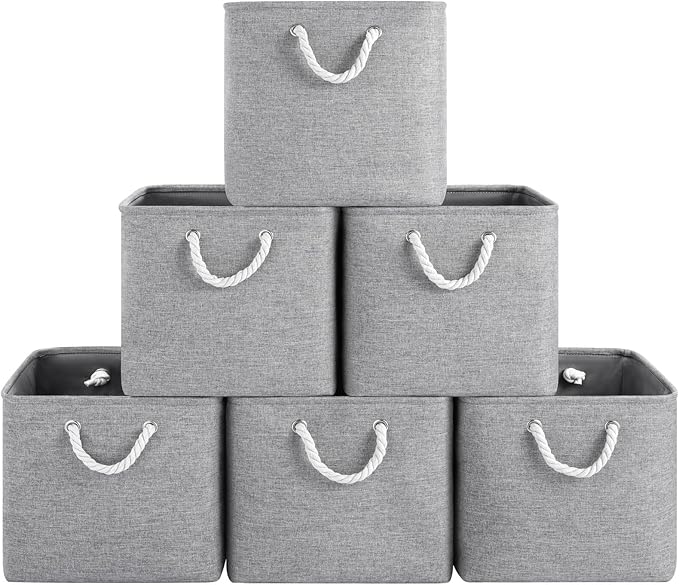 ECDYQXVU 13x13 Inch Cube Storage Bins with Reinforced Bottom Cardboard, 6 Pack Large Foldable Fabric Storage Cubes with Handles for Shelf, Closet, Laundry Organization (Grey)