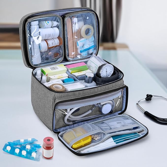 LUXJA Medicine Bag with 2 Detachable Clear Pouches, Pill Bottle Organizer with Detachable Dividers (Suitable for Home or Travel Use), Gray