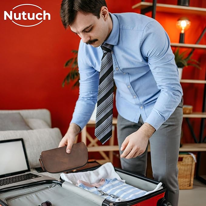 NUTUCH Leather Tech Pouch for Cables Chargers Phone | Tech Bag | Zipper Travel Accessory Pouch | Electronic Organizer Case Travel Bag (Vintage Dark Brown)