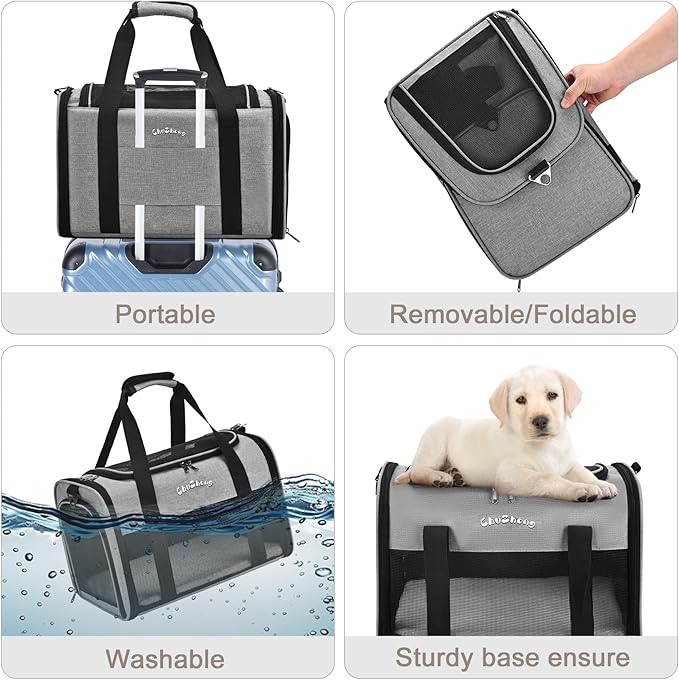 Chuzhong Airline Approved Pet Carrier for Cats & Small Dogs (Up to 18 Lbs) - Soft Sided Travel Carrier with Washable Pad (Grey)