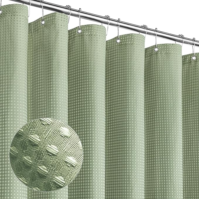 MitoVilla Sage Green Waffle Fabric Shower Curtain, Heavyweight Cloth Shower Curtains for Modern Hotel Bathroom Decor, Waterproof & Wrinkle Resistant, 72 x 72