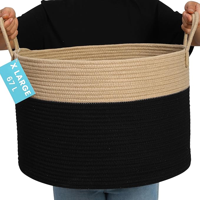 OrganiHaus Large Woven Storage Basket for Blankets and Toys 20" x 13" Inch, Rope Laundry Basket with Handles, Cushions & Pillows Storage Bin, Nursery Hamper, Soft Round Dog Toy Bin - Black/Honey
