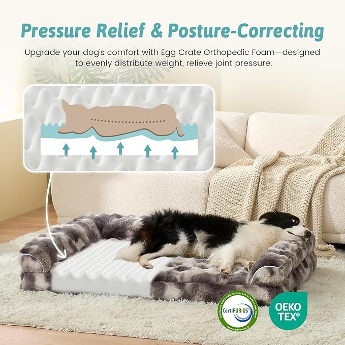 Faux Fur Orthopedic Dog Bed, Dog Bed for Large Size, Supportive Foam Pet Sofa with Waterproof Lining Cover, Washable U-Shaped Pet Couch with Anti-Slip Bottom, Tie-dye Grey L 36x27x6.5 inch