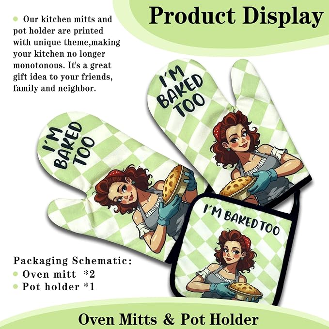 Funny Baking Oven Mitts and Pot Holders Set of 3, I'm Baked Too, Heat Resistant Non-Slip Kitchen Mitts Hot Pads, Baking Gifts for Hostess, Sweet Housewarming Gifts for Mom Wife Bake Lover
