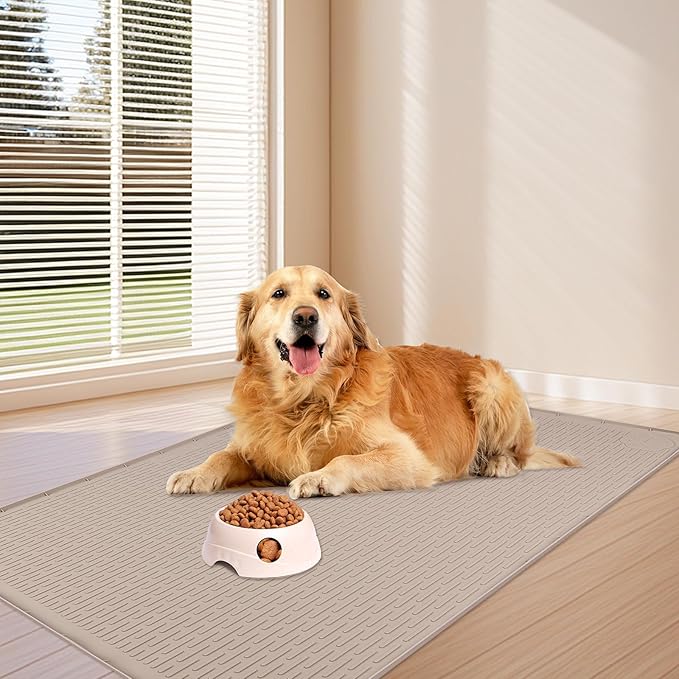 Bartuke Dog Food Mat, Extra Large 34" x 22" Silicone Pet Feeding Mat with Raised Edge Pet Placemat for Small, Medium, and Large Pets Non-Slip, Easy to Clean (Beige)