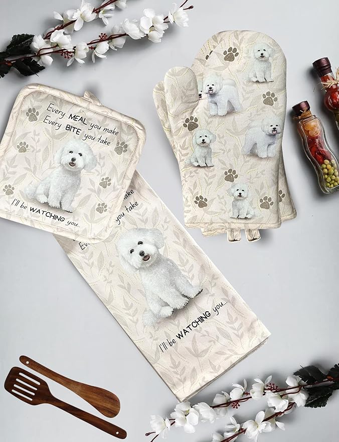 Bichon Frise 3-Piece Kitchen Set -Oven Mitt, Pot Holder & Kitchen Towel Set, Heat Resistant up to 420 F, Soft Quilted Cotton for Cooking, Baking, BBQ, Pet Lover Gifts (Bichon Frise)