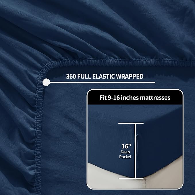LBRO2M 100% Linen Sheet Set 16" Deep Pocket Full Size,Bed Sheets 4 Piece Sets,Solid Color Natural Flax Bed Sheets Soft Breathable Bedding, All Season (Full, Navy Blue)