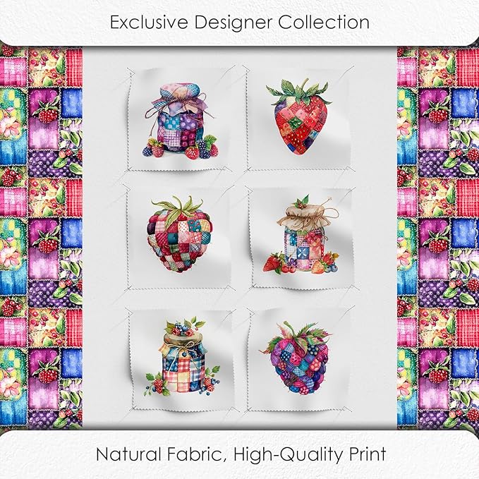 Patchwork Berry Jar Cotton Fabric Panel – 6 Designs (10×10 inch Each) + Bonus Sheet 29.5×19.6 inch, 100% Cotton 140 GSM, Made in Türkiye