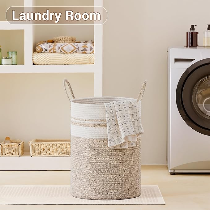 SunNewt Tall Laundry Basket with Handles, 100L Portable Dirty Clothes Hamper, Boho Cotton Rope Storage Bin for Blankets Kids Toys Gifts, Extra Large Organizer for Nursery Bedroom Bathroom, New Brown