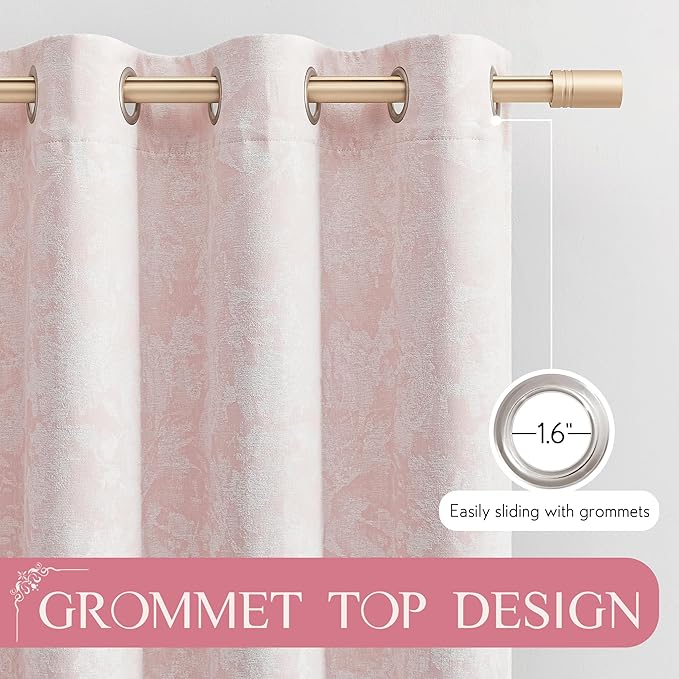Beauoop Pink Floral Jacquard Blackout Curtains 72 Inches Long 2 Panels for Bedroom Living Room Chenille Flower Room Darkening Thermal Insulated Soundproof Grommet Window Treatments Drapes, 52x72