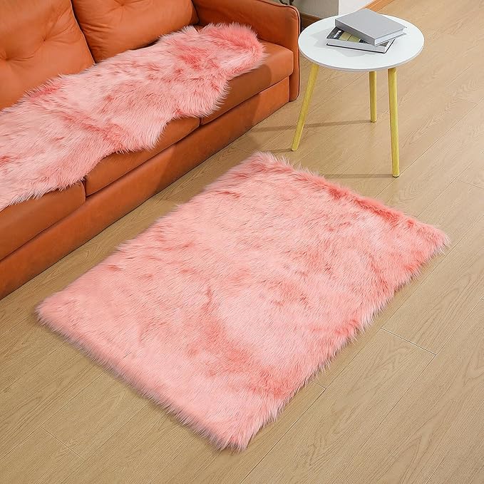 Faux Fur Rug Sheepskin Shag Fluffy Fuzzy Pink 3x4 ft Rugs for Bedroom Bedside Bed Floor Living Room Plush Rectangle High-Density Cushion Carpet Super Sofa Cover