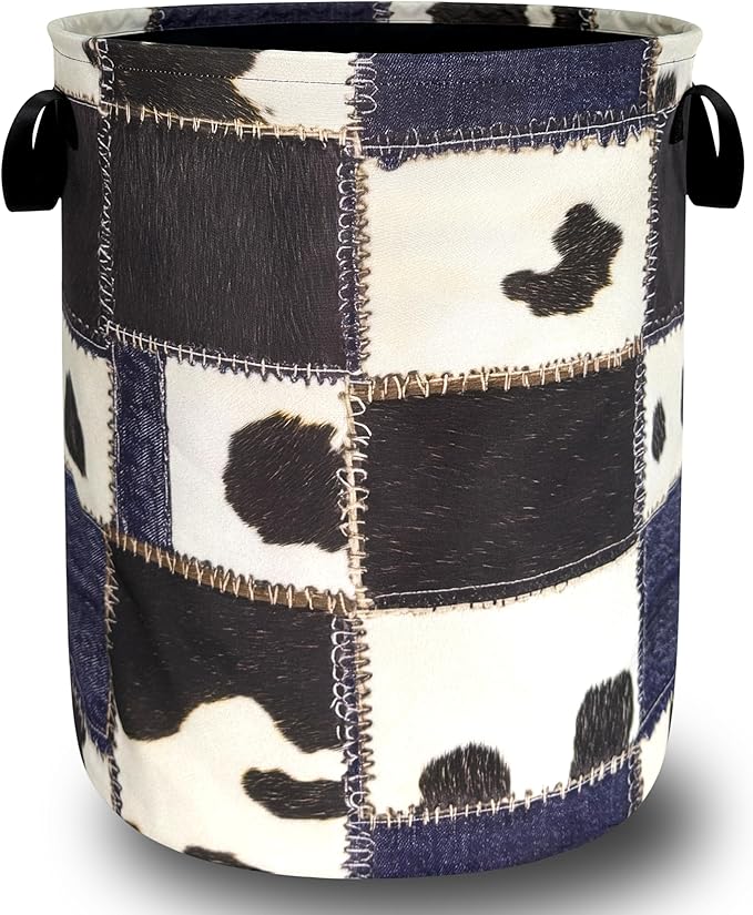 Cows Print With Denim Texture Laundry Hamper Foldable Oxford Cloth Animal Cow Laundry Basket With Handle Portable Clothes Storage Basket Laundry Bag 18.9"x16.5" For Laundry Room/Bedroom/Bathrooms
