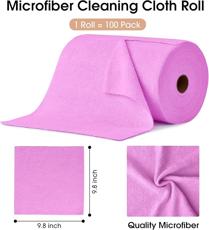 KitchLife Microfiber Cleaning Cloth Roll, 100 Pack - Tear-Away Microfiber Paper Towels, Lint-Free, Reusable, Washable for Kitchen, Car, Dishes, and Sensitive Surfaces (Light Purple)
