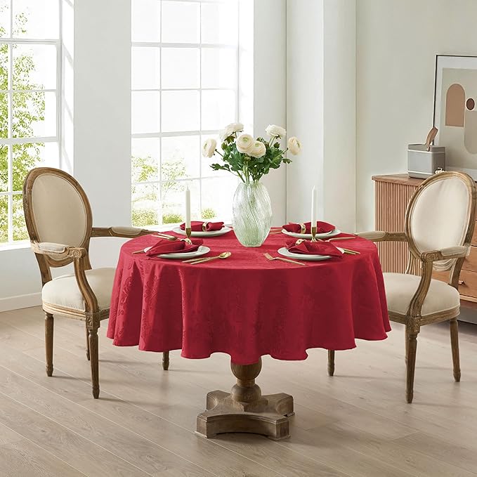 Newbridge Barcelona Damask Fabric Tablecloth, 70 Inch Round, Red – No Iron, Soil Resistant Table Cover for Dining, Parties and Holidays