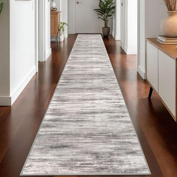 KOZYFLY Modern Abstract Washable Long Runner Rug 2.6x18 Hallway Rug Runner Non-Slip Soft Stair Runner Rugs, Grey-Beige Striped Carpet for Kitchen Entryway Bathroom Laundry Room Foyer
