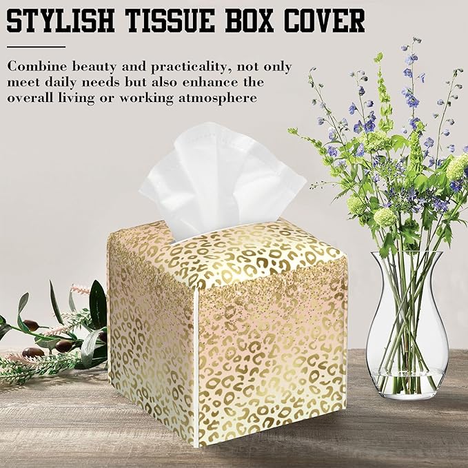OHEGBXE Tissue Box Holder Golden Leopard Print Square Leather Tissue Box Cover Modern Cube Facial Paper Cover Case for Bathroom Vanity Countertop Night Stands Tabletop