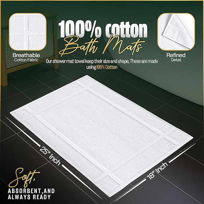 Pearl Linens Pack of 2 100% Cotton Bath Mat 18x25 inches, Soft & Absorbent Quick Dry Bathroom Mat Set, Not Bathroom Rugs, After Shower Mat, Bath Tub Mat, 687 GSM, Machine Washable, White