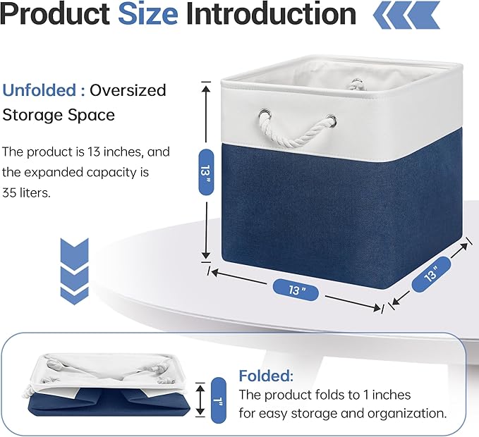 ECDYQXVU 13x13 Inch Cube Storage Bins with Reinforced Bottom Cardboard, 6 Pack Large Foldable Fabric Storage Cubes with Handles for Shelf, Closet, Laundry Organization (White&Navy Blue)